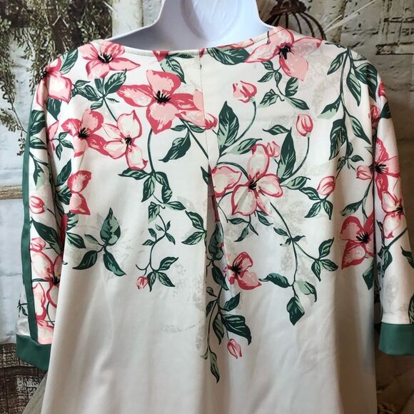 Floral Tunic Top Green White V-Neck Short Sleeve Blouse Boho Cottagecore XL - Picture 10 of 13